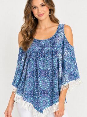 Cato Blue Teal Purple Paisley Cold-Shoulder Tunic with Crochet Trim Size Large